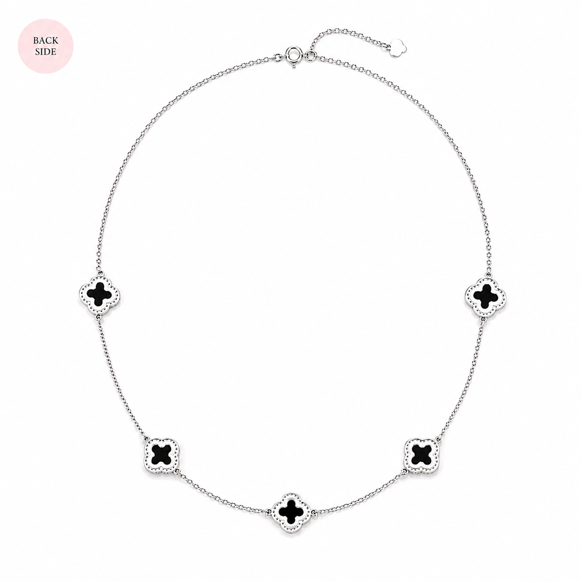 Sterling Silver Adjustable Black Enamel Five Clover Necklace for Women | Luxury Designer Jewelry