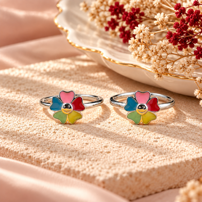 Sterling Silver Adjustable Floral Enamel Toe Ring Cute Smiley Design - Multi Color