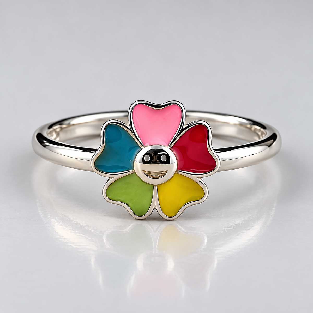 Sterling Silver Adjustable Floral Enamel Toe Ring Cute Smiley Design - Multi Color