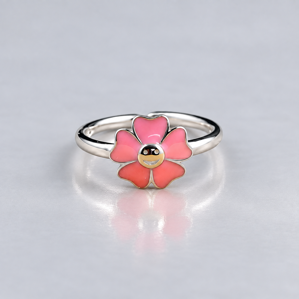 Sterling Silver Adjustable Floral Enamel Toe Ring Cute Smiley Design - Pink Color