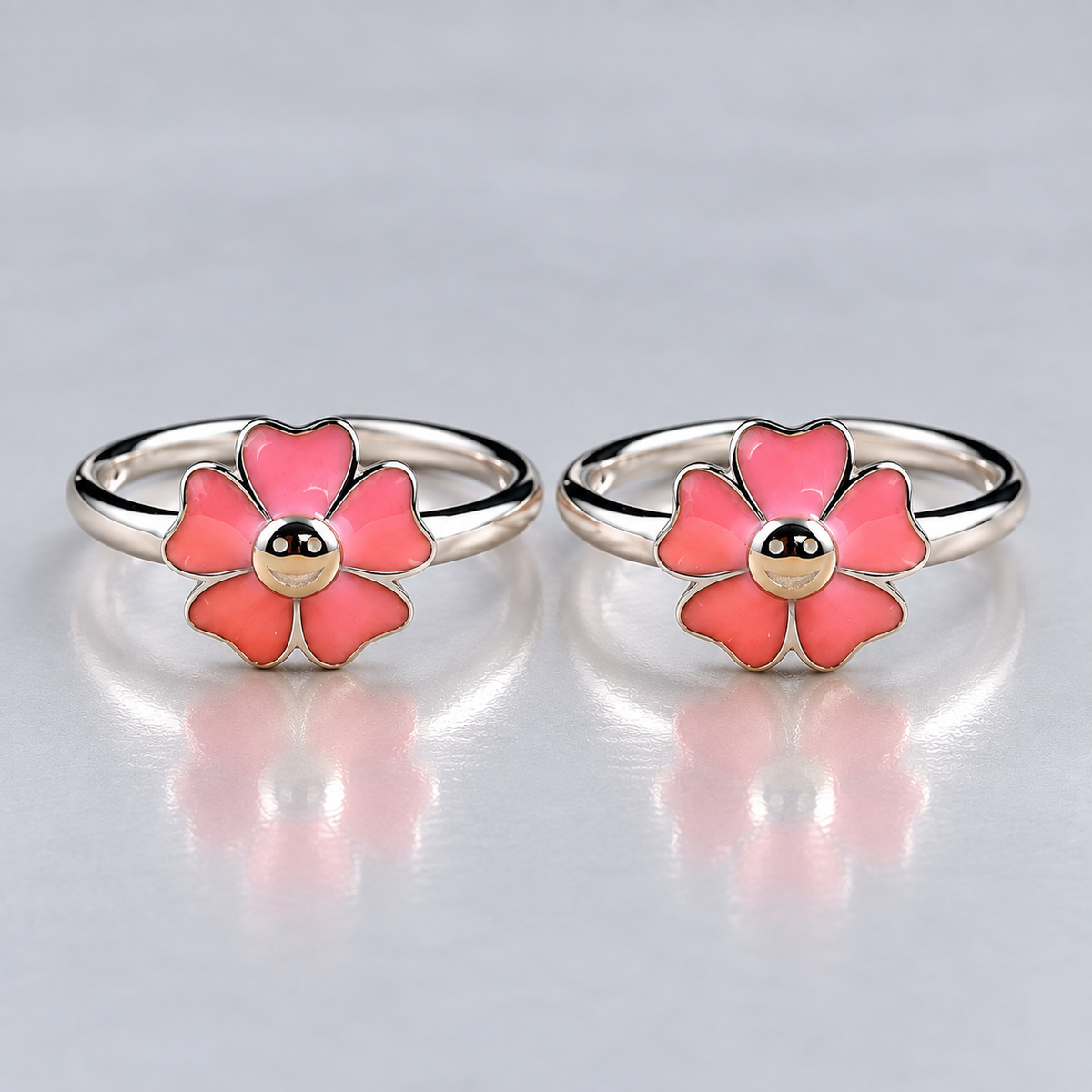 Sterling Silver Adjustable Floral Enamel Toe Ring Cute Smiley Design - Pink Color