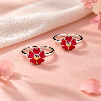 Sterling Silver Adjustable Floral Enamel Toe Ring Cute Smiley Design - Multi Color