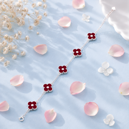 925 Sterling Silver Adjustable Red Clover Bracelet for Women | Premium Four Leaf Flower Charm Bracelet