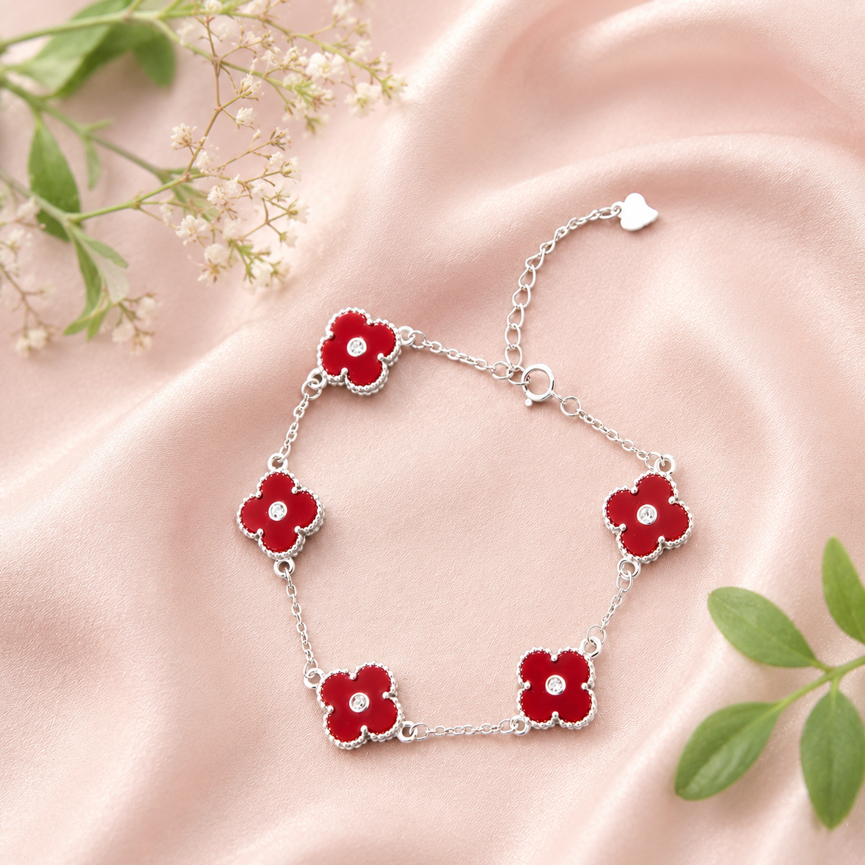 925 Sterling Silver Adjustable Red Clover Bracelet for Women | Premium Four Leaf Flower Charm Bracelet