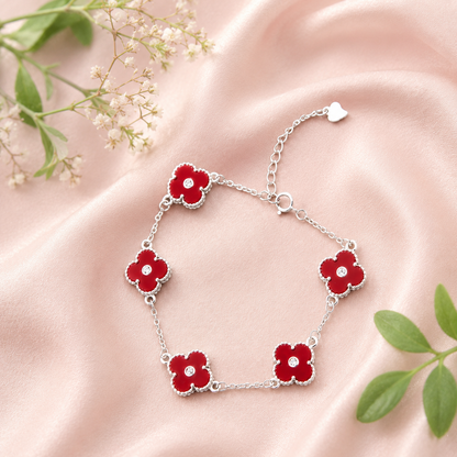 925 Sterling Silver Adjustable Red Clover Bracelet for Women | Premium Four Leaf Flower Charm Bracelet