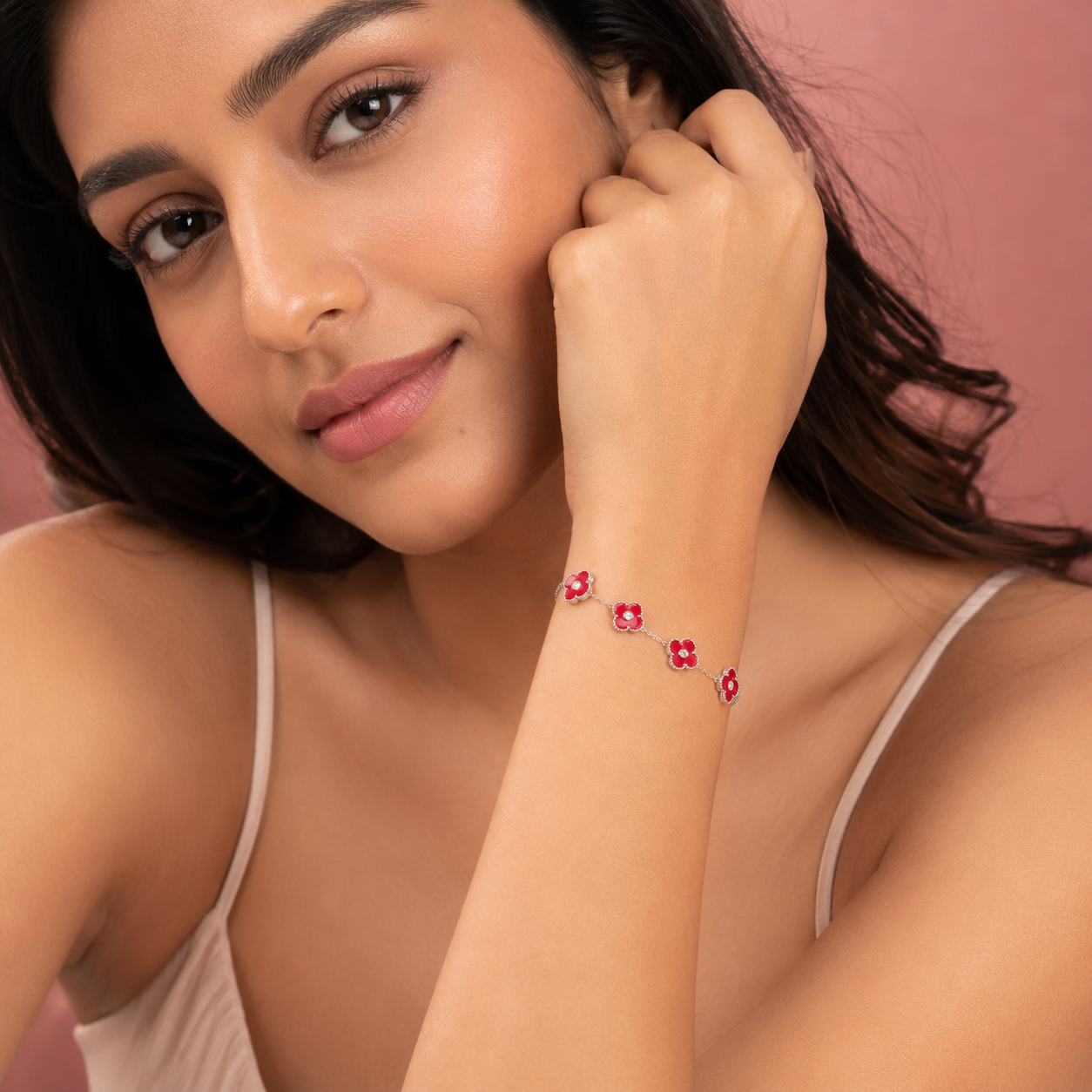925 Sterling Silver Adjustable Red Clover Bracelet for Women | Premium Four Leaf Flower Charm Bracelet