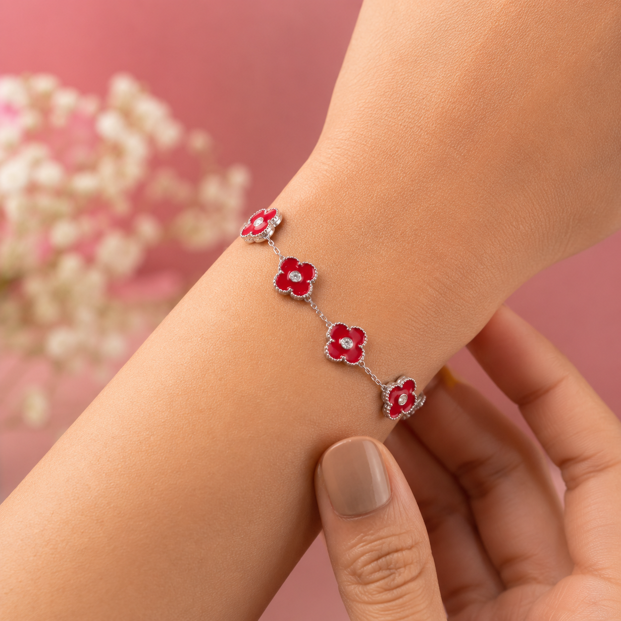 925 Sterling Silver Adjustable Red Clover Bracelet for Women | Premium Four Leaf Flower Charm Bracelet