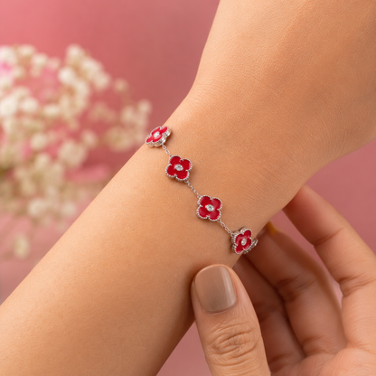 925 Sterling Silver Adjustable Red Clover Bracelet for Women | Premium Four Leaf Flower Charm Bracelet