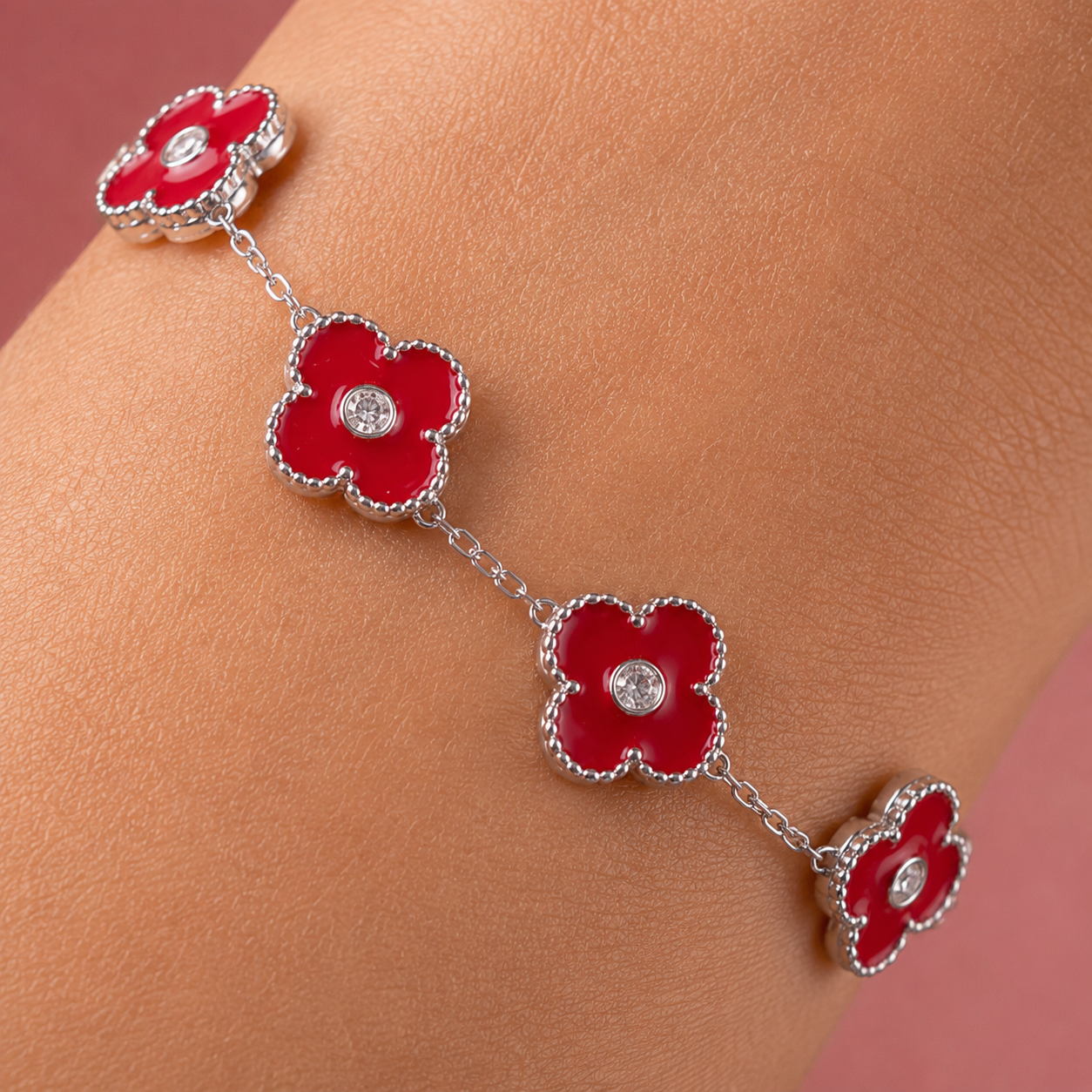925 Sterling Silver Adjustable Red Clover Bracelet for Women | Premium Four Leaf Flower Charm Bracelet