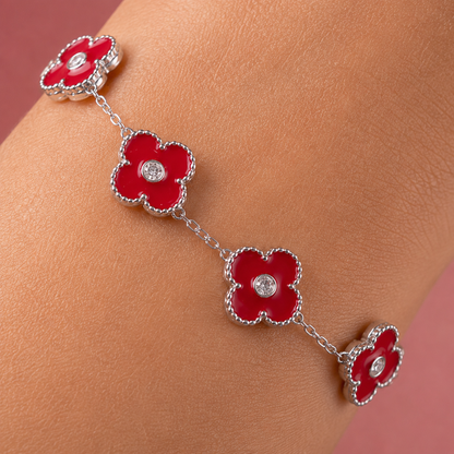 925 Sterling Silver Adjustable Red Clover Bracelet for Women | Premium Four Leaf Flower Charm Bracelet