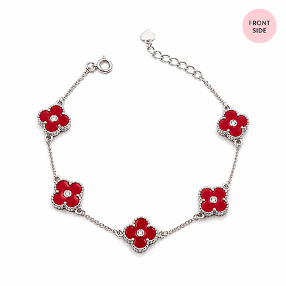 925 Sterling Silver Adjustable Red Clover Bracelet for Women | Premium Four Leaf Flower Charm Bracelet