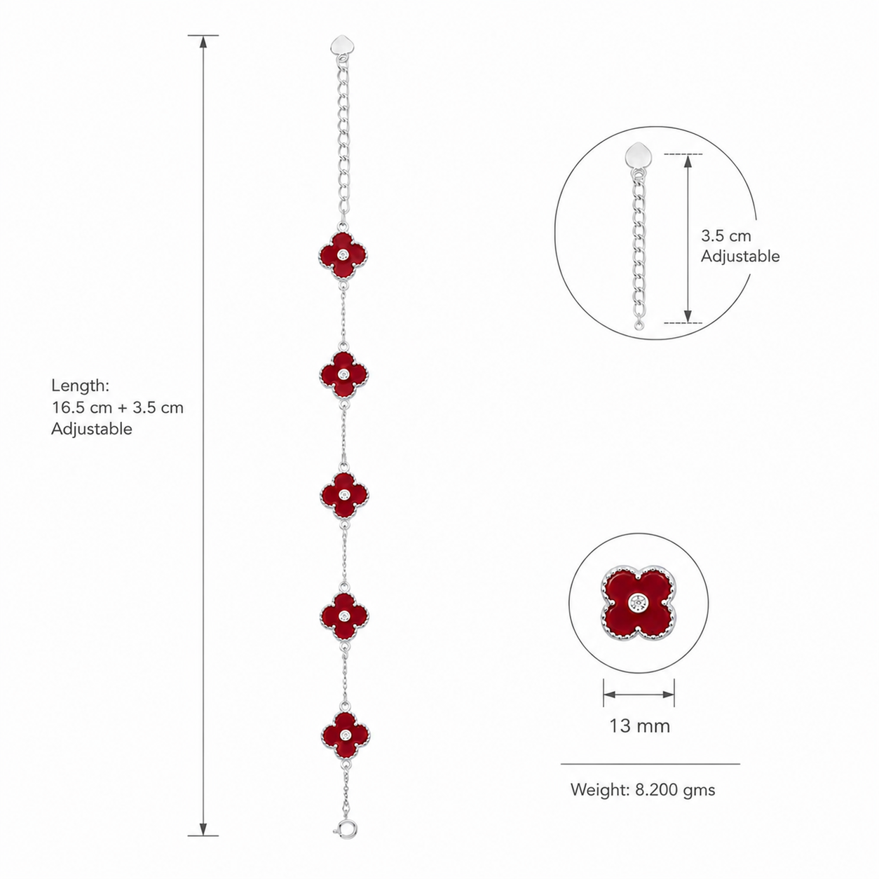 925 Sterling Silver Adjustable Red Clover Bracelet for Women | Premium Four Leaf Flower Charm Bracelet