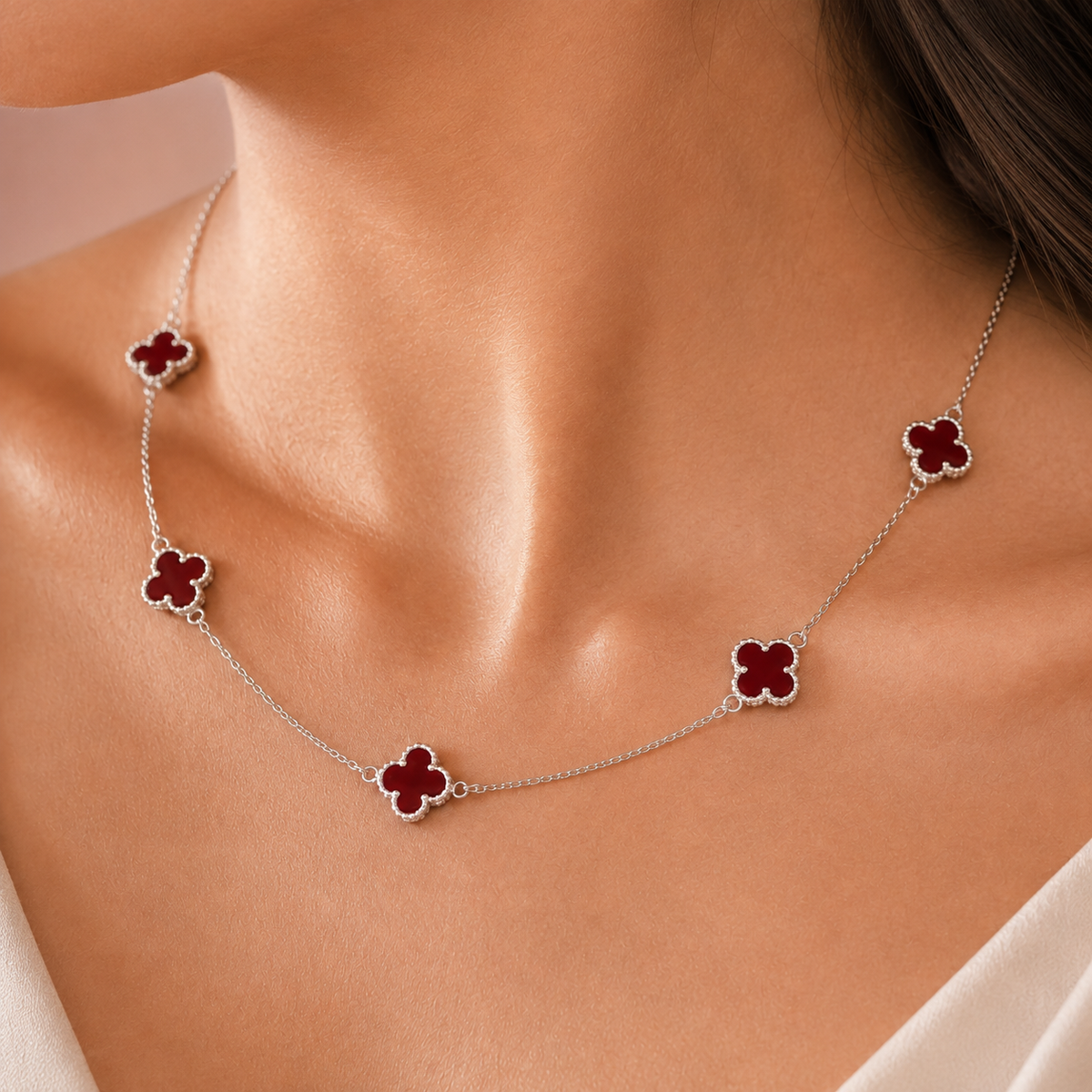 Sterling Silver Adjustable Red Clover Necklace for Women | Everyday Jewelry Gift