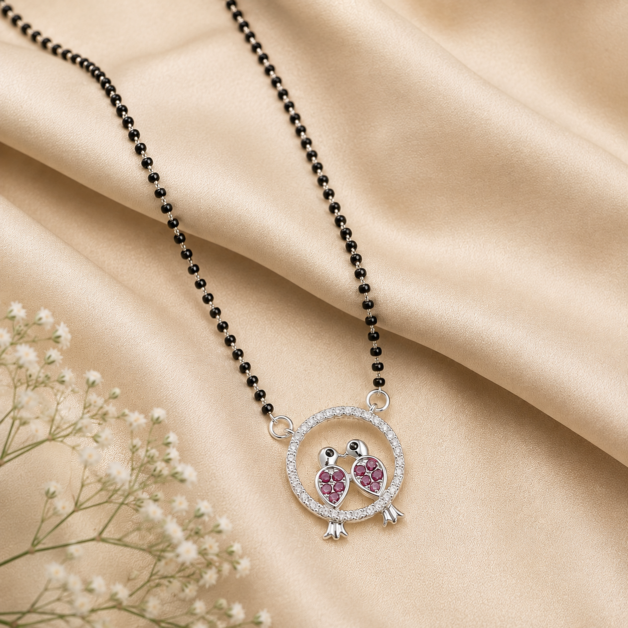 Sterling Silver Black Beaded Mangalsutra Necklace with Pink CZ Owl Pendant for Women