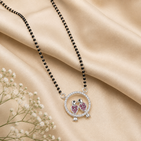 Sterling Silver Black Beaded Mangalsutra Necklace with Pink CZ Owl Pendant for Women
