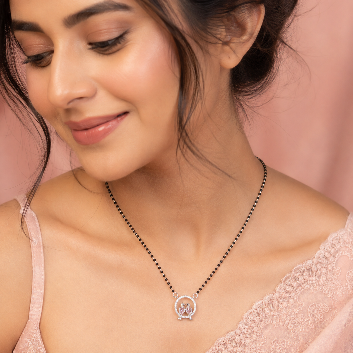 Sterling Silver Black Beaded Mangalsutra Necklace with Pink CZ Owl Pendant for Women