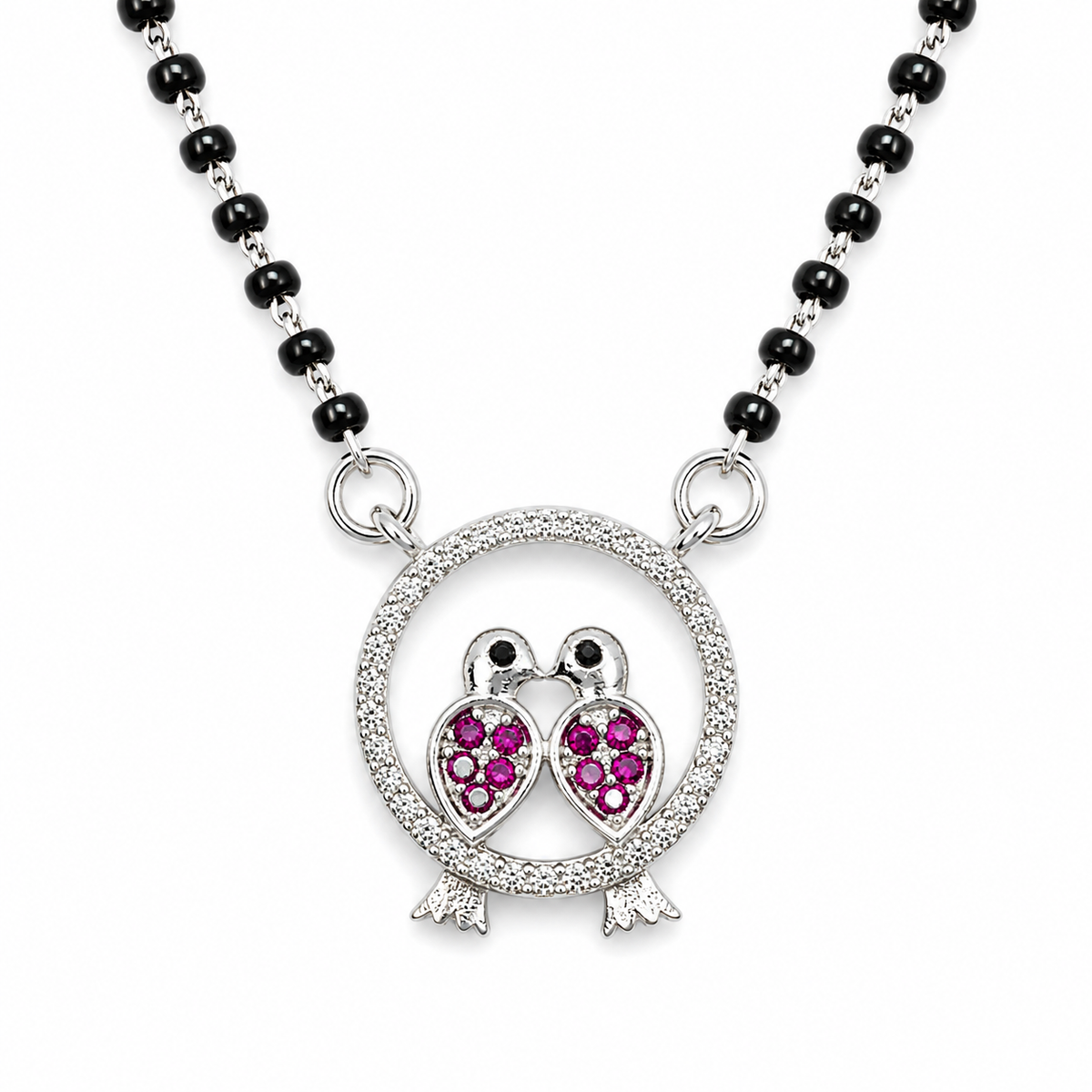 Sterling Silver Black Beaded Mangalsutra Necklace with Pink CZ Owl Pendant for Women