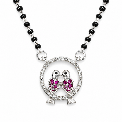 Sterling Silver Black Beaded Mangalsutra Necklace with Pink CZ Owl Pendant for Women