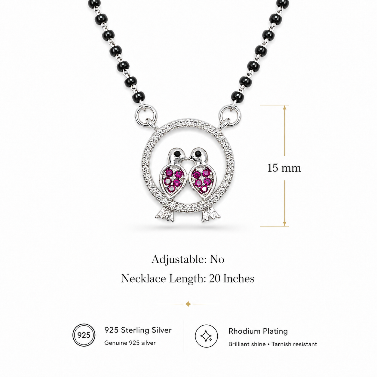 Sterling Silver Black Beaded Mangalsutra Necklace with Pink CZ Owl Pendant for Women