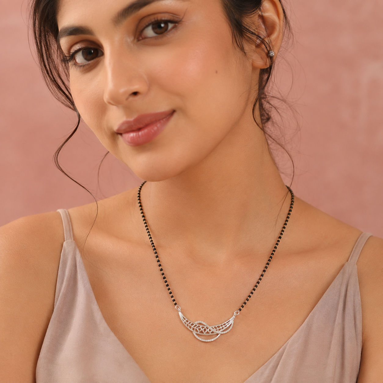 Sterling Silver CZ Designer Mangalsutra Necklace | Black Beaded Bridal Jewelry