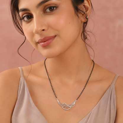 Sterling Silver CZ Designer Mangalsutra Necklace | Black Beaded Bridal Jewelry