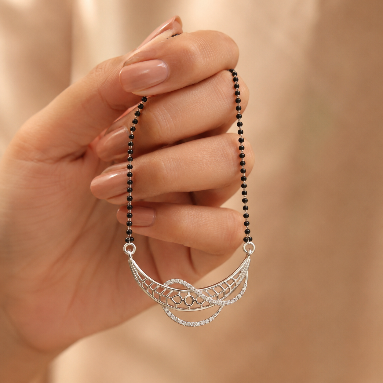 Sterling Silver CZ Designer Mangalsutra Necklace | Black Beaded Bridal Jewelry