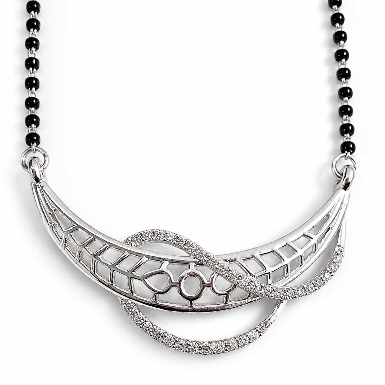 Sterling Silver CZ Designer Mangalsutra Necklace | Black Beaded Bridal Jewelry