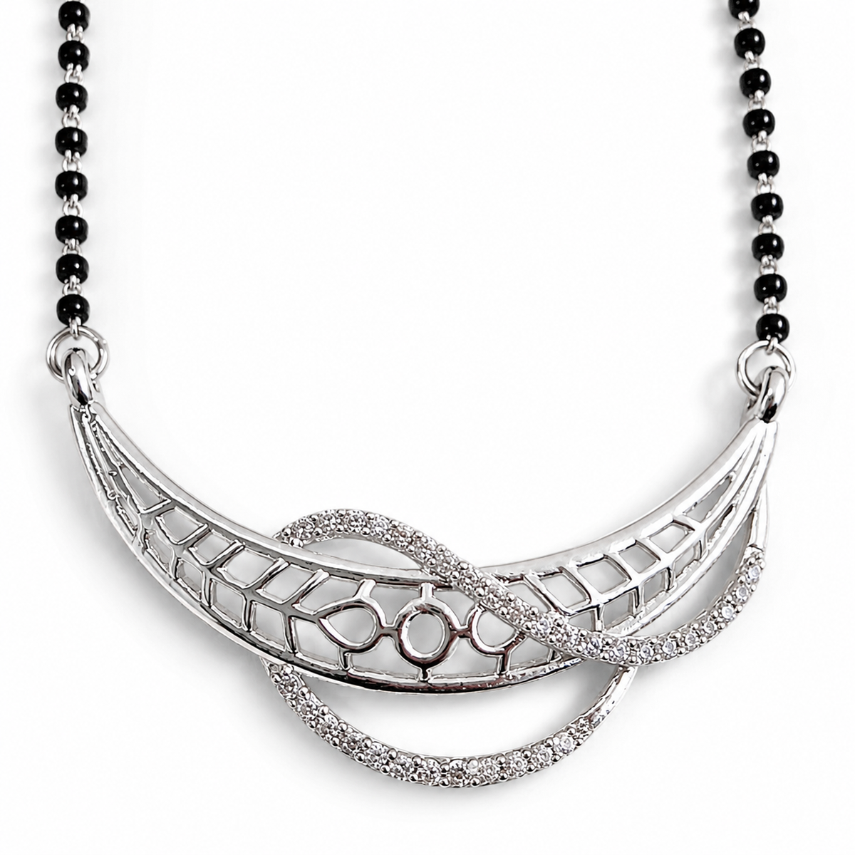 Sterling Silver CZ Designer Mangalsutra Necklace | Black Beaded Bridal Jewelry