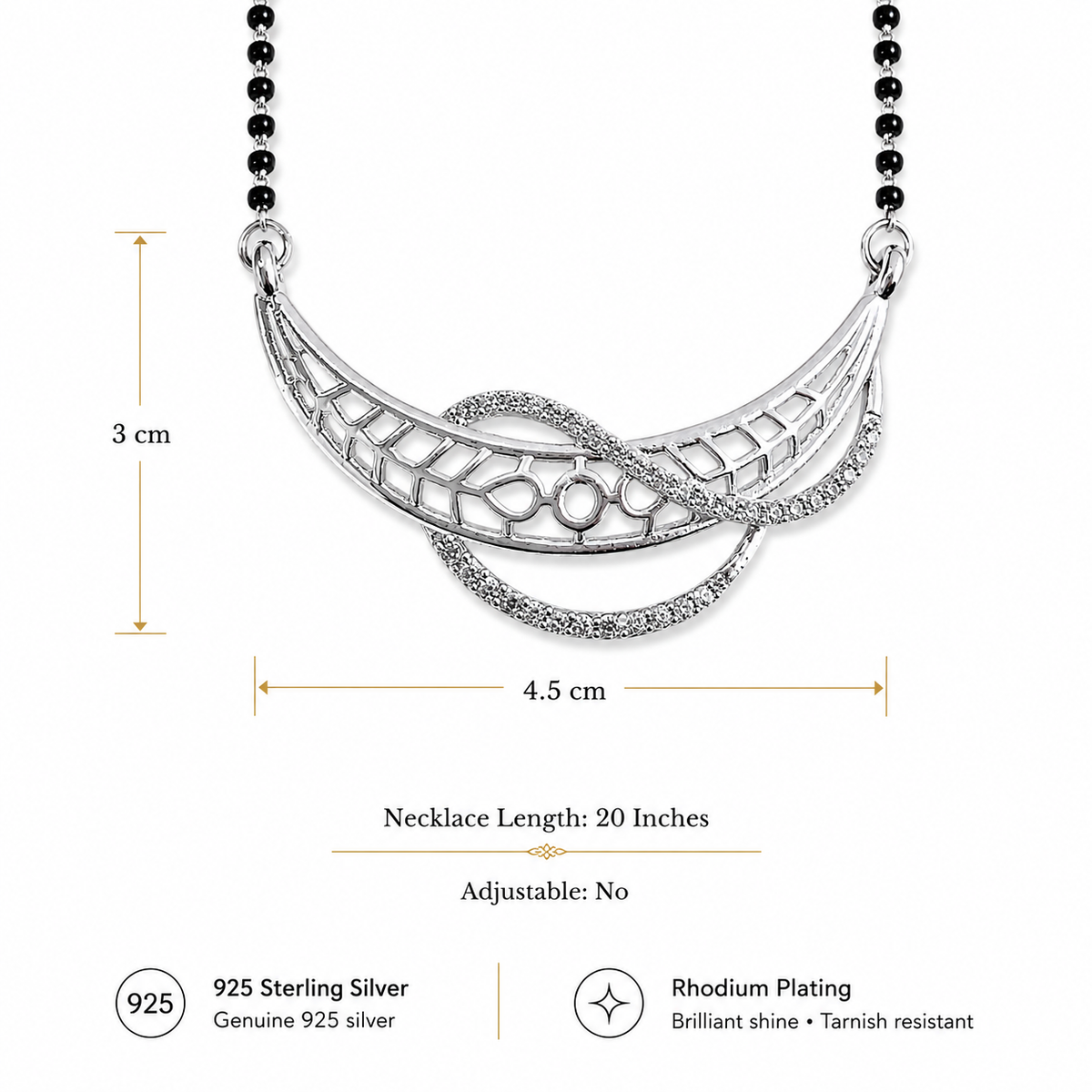 Sterling Silver CZ Designer Mangalsutra Necklace | Black Beaded Bridal Jewelry