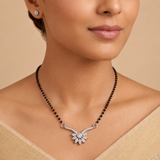 925 Sterling Silver CZ Floral Mangalsutra Necklace for Women | Elegant Designer Silver Mangalsutra with Cubic Zirconia