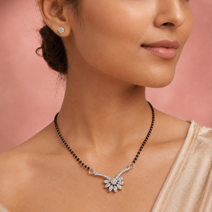 925 Sterling Silver CZ Floral Mangalsutra Necklace for Women | Elegant Designer Silver Mangalsutra with Cubic Zirconia