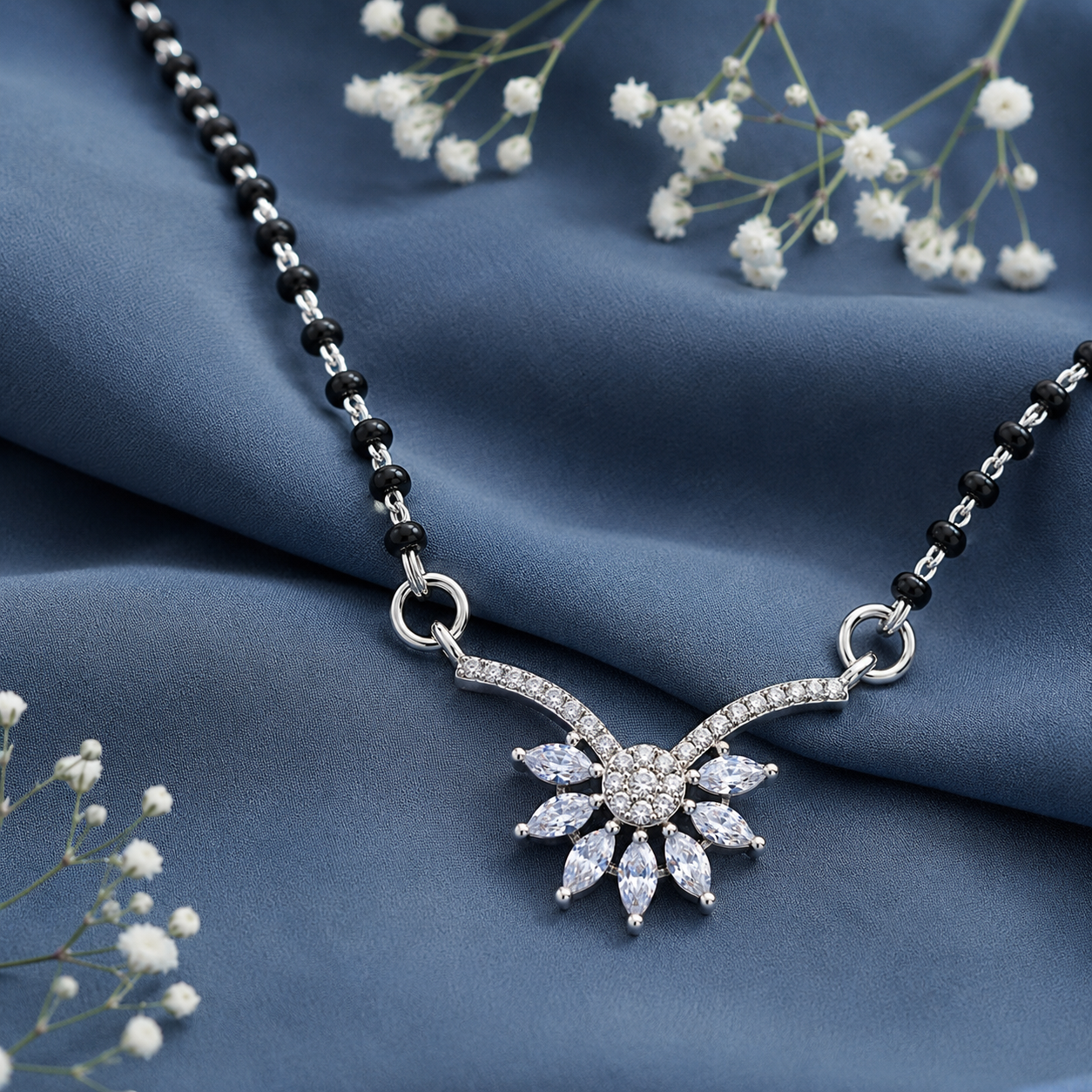 925 Sterling Silver CZ Floral Mangalsutra Necklace for Women | Elegant Designer Silver Mangalsutra with Cubic Zirconia