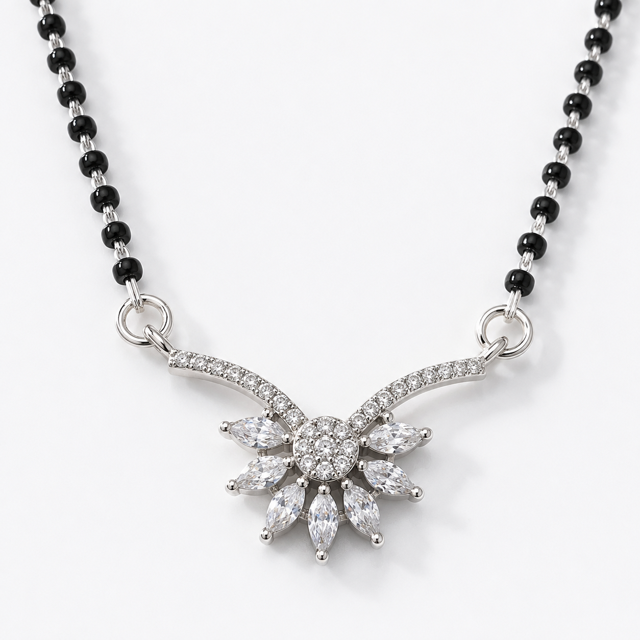 925 Sterling Silver CZ Floral Mangalsutra Necklace for Women | Elegant Designer Silver Mangalsutra with Cubic Zirconia