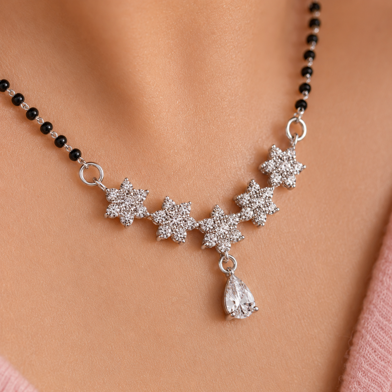 925 Sterling Silver CZ Floral Mangalsutra Necklace for Women | Elegant Flower Design with Pear Drop Pendant