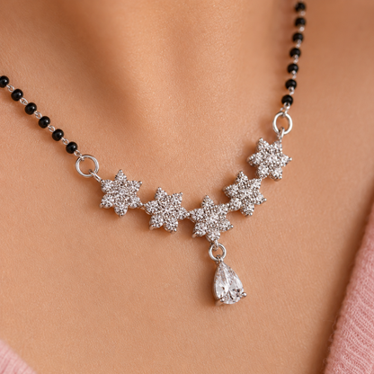 925 Sterling Silver CZ Floral Mangalsutra Necklace for Women | Elegant Flower Design with Pear Drop Pendant