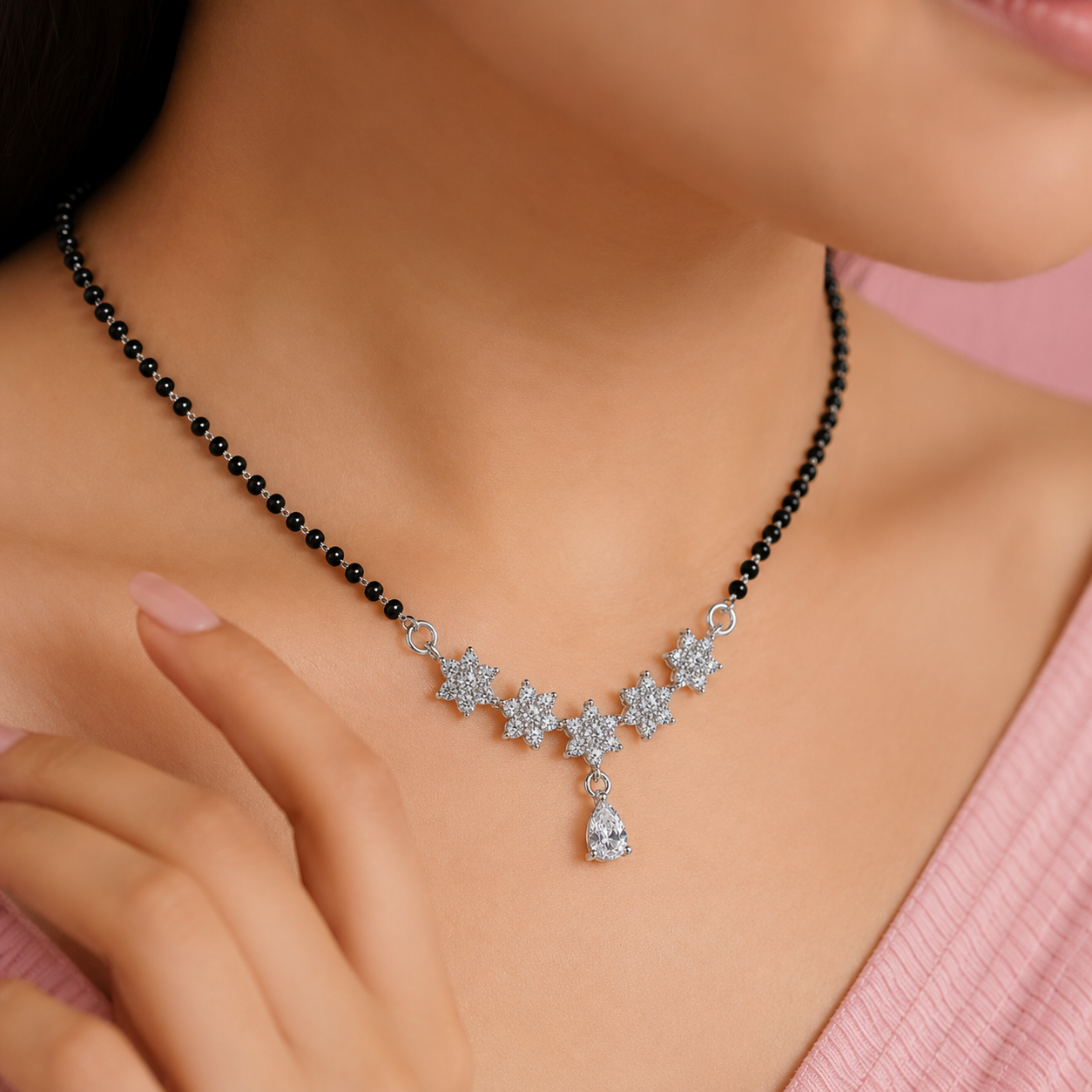 925 Sterling Silver CZ Floral Mangalsutra Necklace for Women | Elegant Flower Design with Pear Drop Pendant