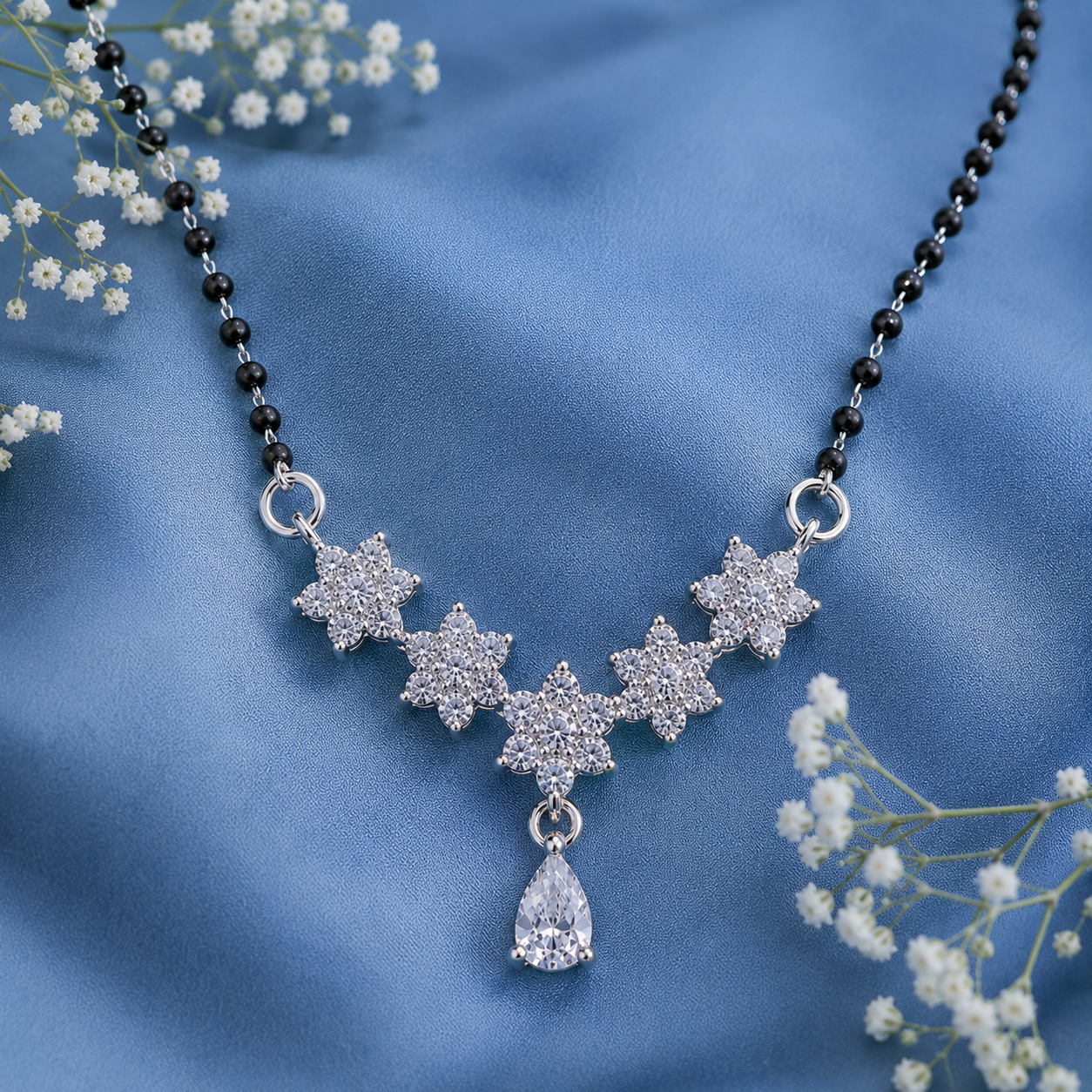 925 Sterling Silver CZ Floral Mangalsutra Necklace for Women | Elegant Flower Design with Pear Drop Pendant