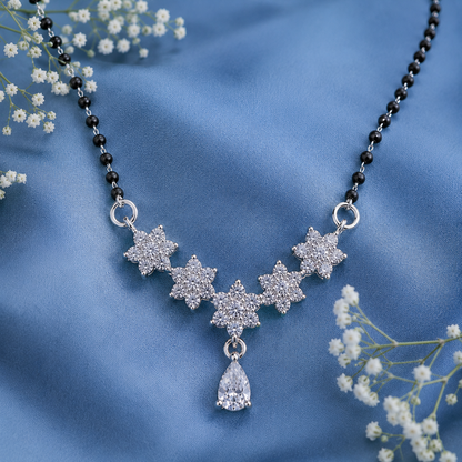 925 Sterling Silver CZ Floral Mangalsutra Necklace for Women | Elegant Flower Design with Pear Drop Pendant