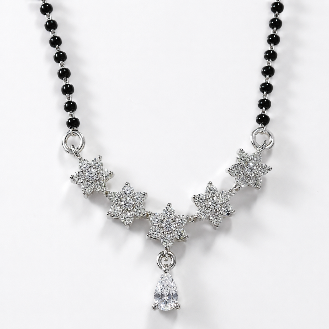 925 Sterling Silver CZ Floral Mangalsutra Necklace for Women | Elegant Flower Design with Pear Drop Pendant