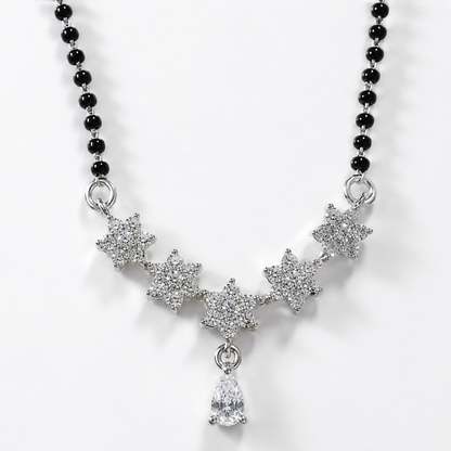 925 Sterling Silver CZ Floral Mangalsutra Necklace for Women | Elegant Flower Design with Pear Drop Pendant