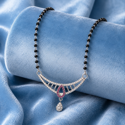 Sterling Silver CZ Mangalsutra Necklace for Women | Rhodium Plated Pink Teardrop Pendant