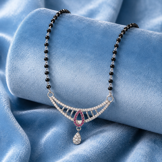 Sterling Silver CZ Mangalsutra Necklace for Women | Rhodium Plated Pink Teardrop Pendant