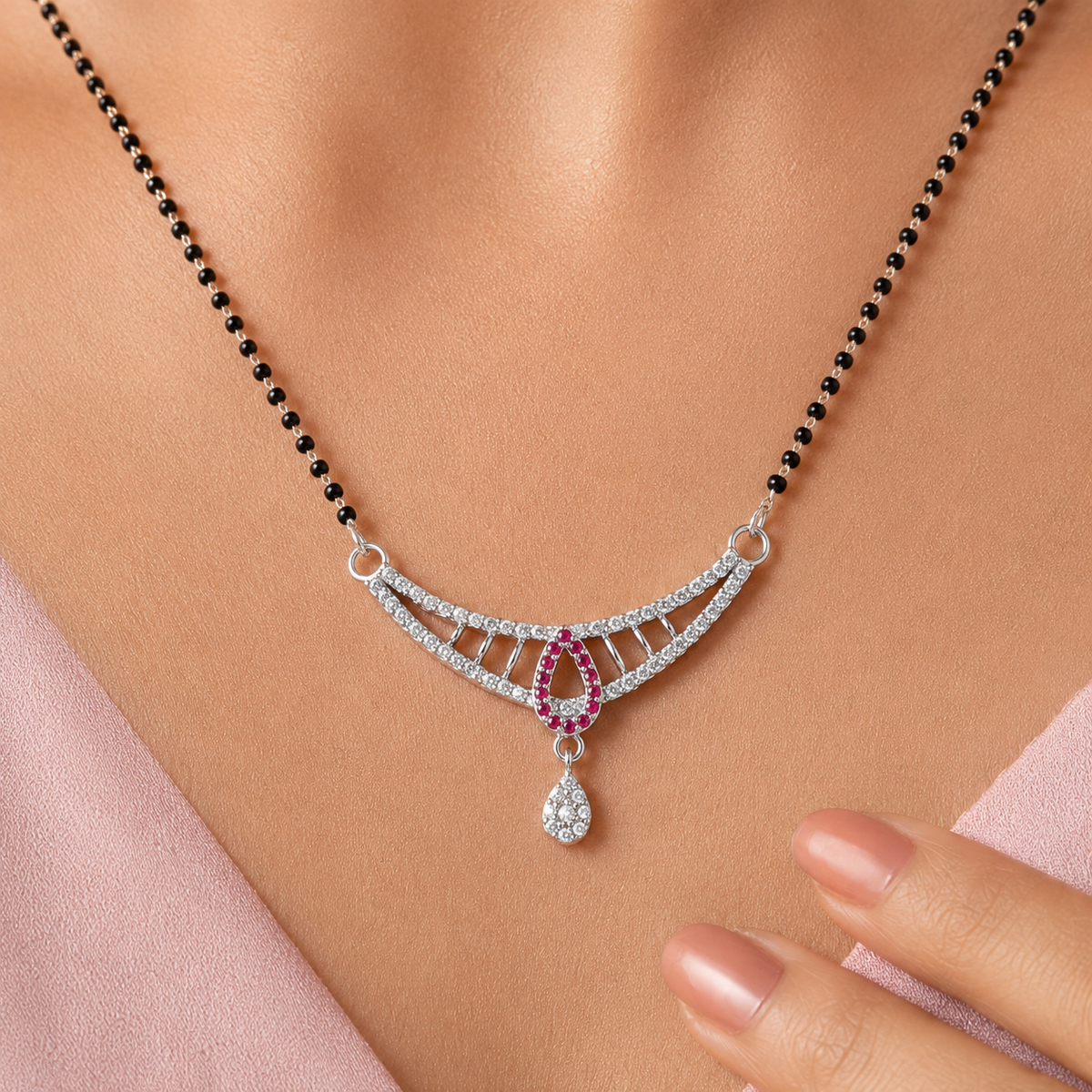 Sterling Silver CZ Mangalsutra Necklace for Women | Rhodium Plated Pink Teardrop Pendant
