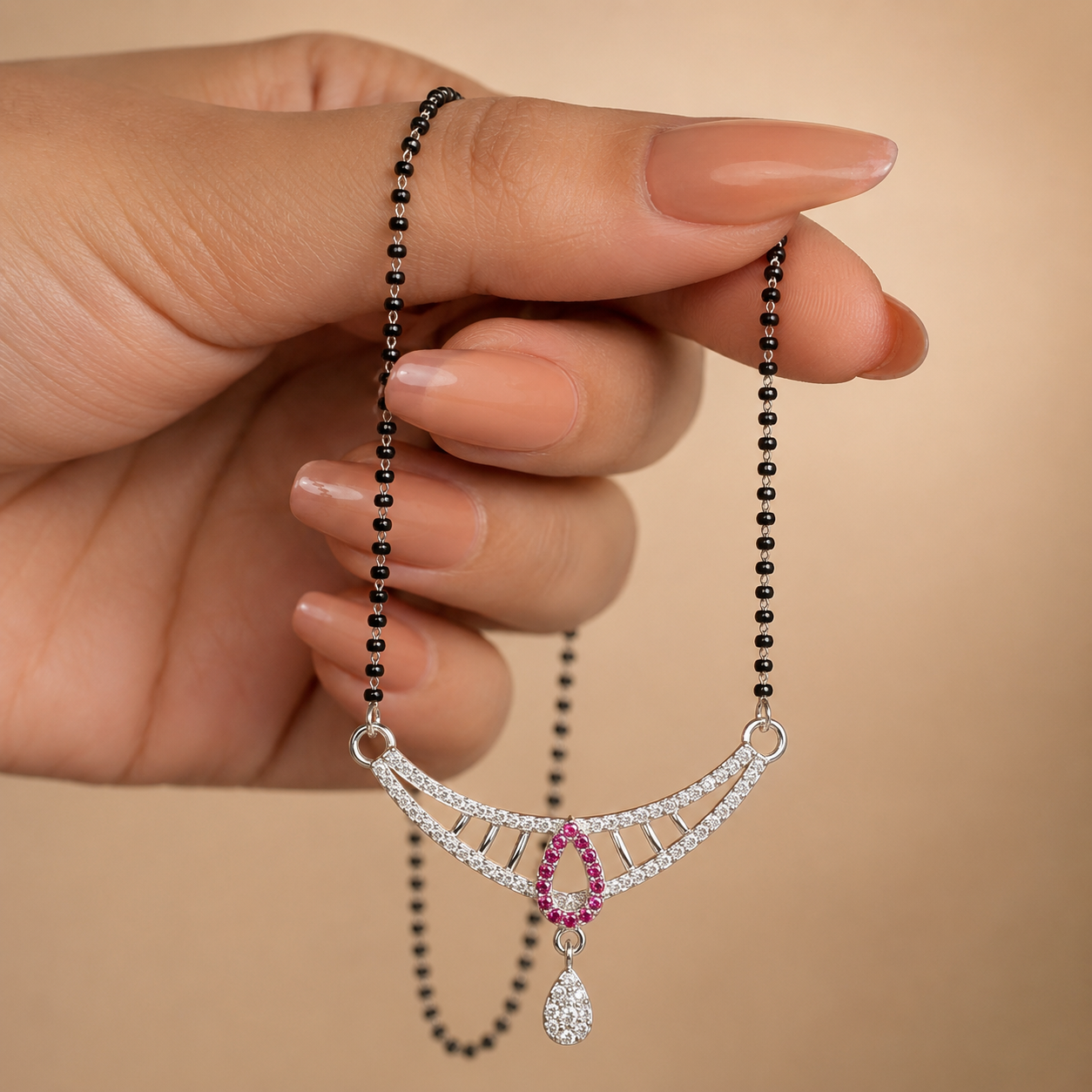 Sterling Silver CZ Mangalsutra Necklace for Women | Rhodium Plated Pink Teardrop Pendant