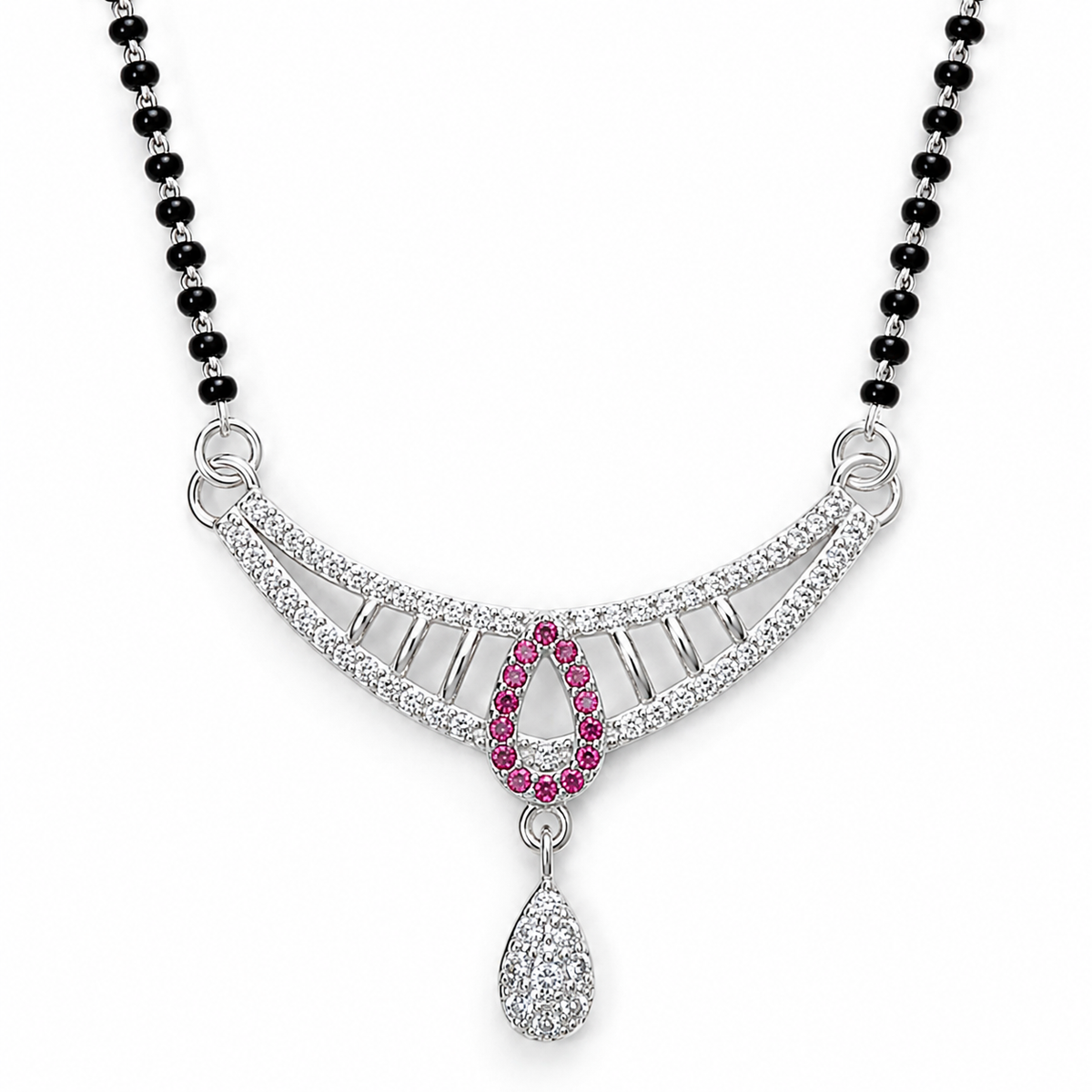 Sterling Silver CZ Mangalsutra Necklace for Women | Rhodium Plated Pink Teardrop Pendant