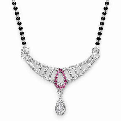 Sterling Silver CZ Mangalsutra Necklace for Women | Rhodium Plated Pink Teardrop Pendant