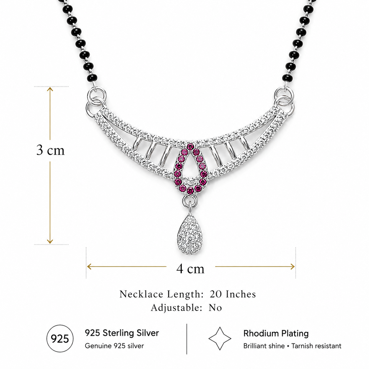 Sterling Silver CZ Mangalsutra Necklace for Women | Rhodium Plated Pink Teardrop Pendant