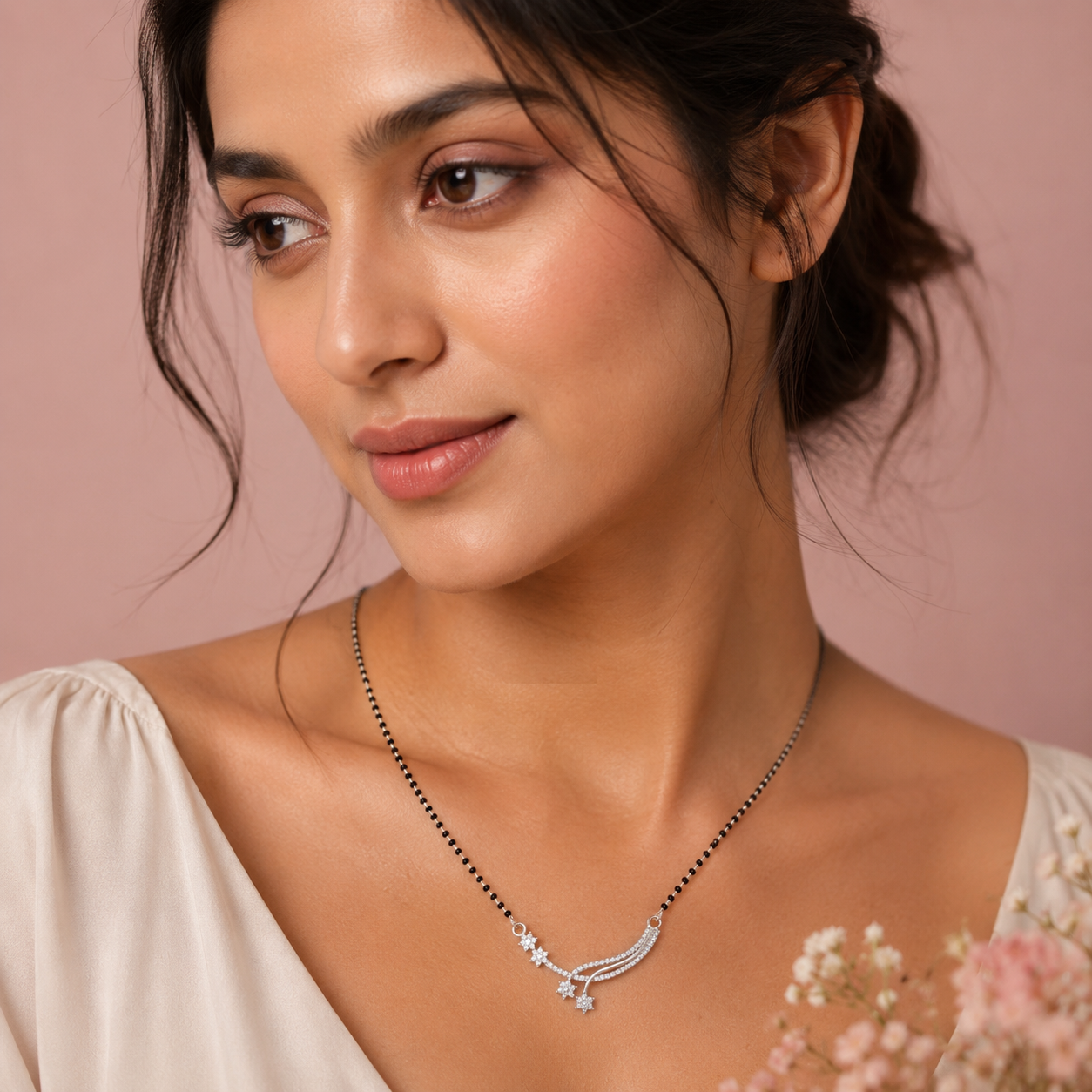 Sterling Silver CZ Star Wave Mangalsutra Necklace for Women 