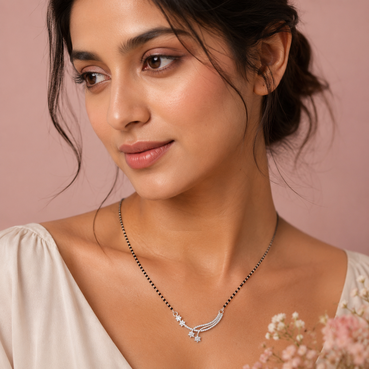 Sterling Silver CZ Star Wave Mangalsutra Necklace for Women 