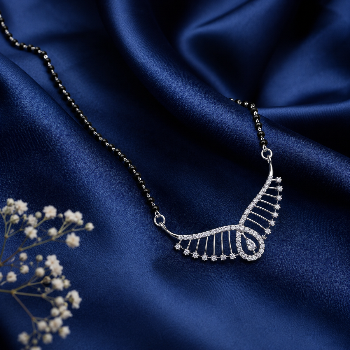 Sterling Silver CZ Wing Design Black Beaded Mangalsutra Necklace